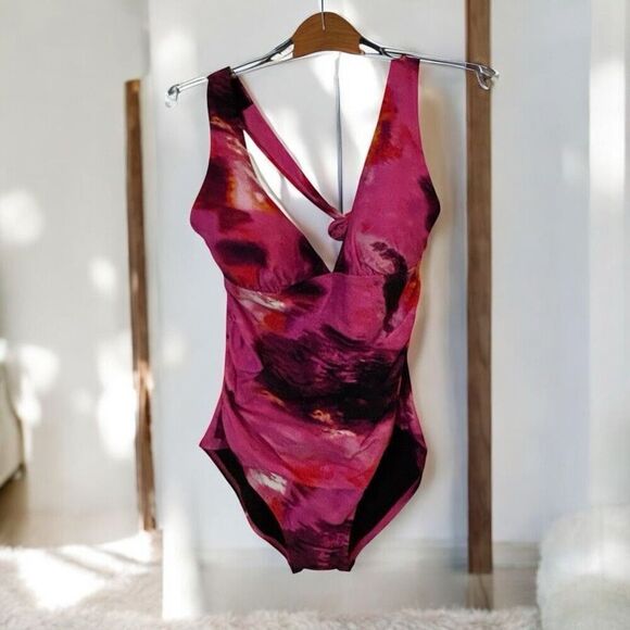 DKNY Large Tie-Back Halter-Style One Piece Swimsuit Pink Multi NWT - Picture 2 of 5